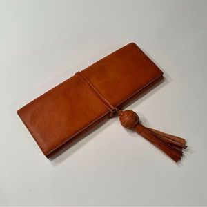 Banana Republic Brown Leather Tassel Clutch Handbag Magnetic Flap 11x4”